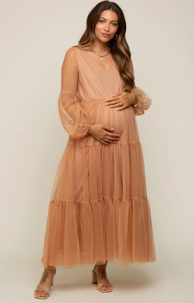 Rust Mesh Overlay Tiered Maternity Maxi Dress