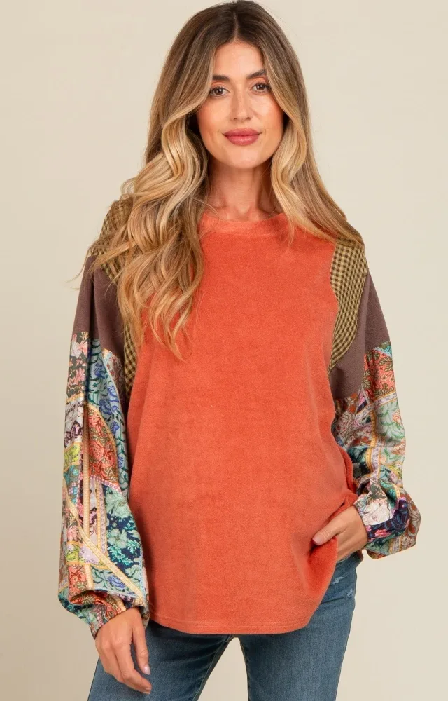 Rust Mixed Print Bubble Sleeve Maternity Top