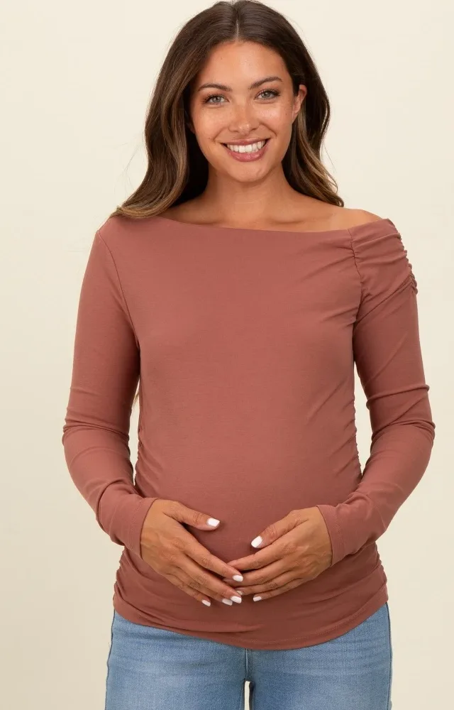 Rust One Shoulder Long Sleeve Maternity Top