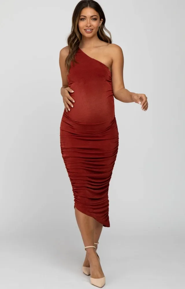 Rust One Shoulder Ruched Side Maternity Midi Dress