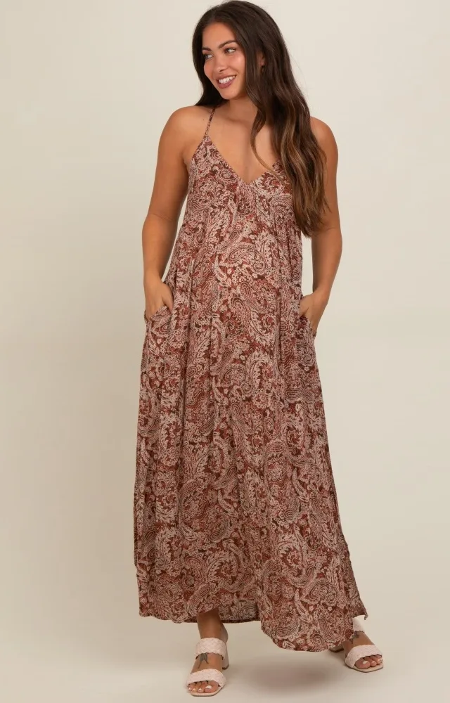 Rust Paisley Babydoll Cami Strap Maternity Maxi Dress