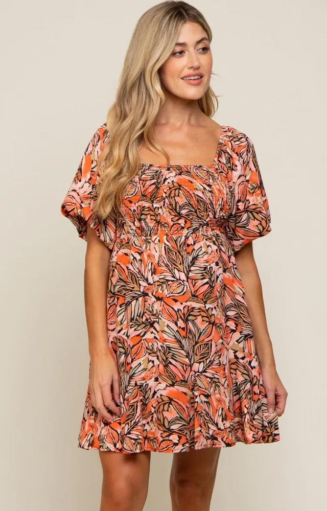 Rust Palm Print Smocked Short Sleeve Maternity Dress