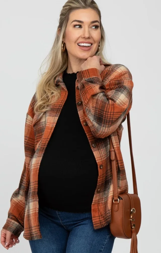 Rust Plaid Maternity Shacket