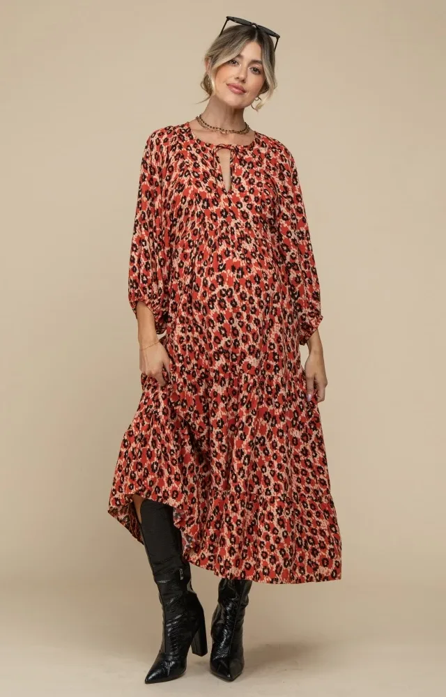 Rust Printed Long Sleeve Tiered Maternity Dress