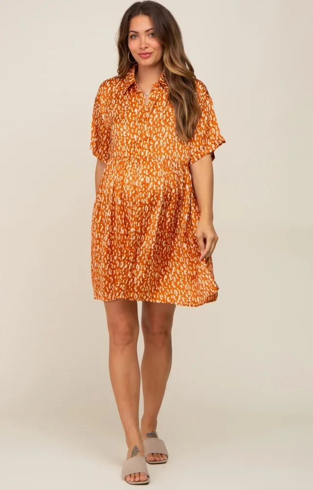 Rust Printed Satin Collared Maternity Dress