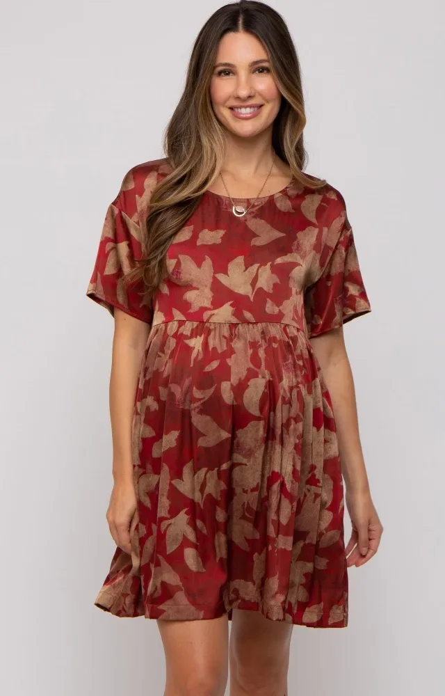 Rust Printed Short Sleeve Pocketed Maternity Dress