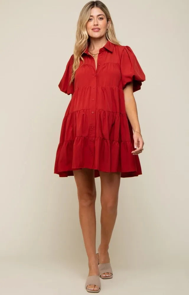 Rust Puff Sleeve Maternity Mini Shirt Dress