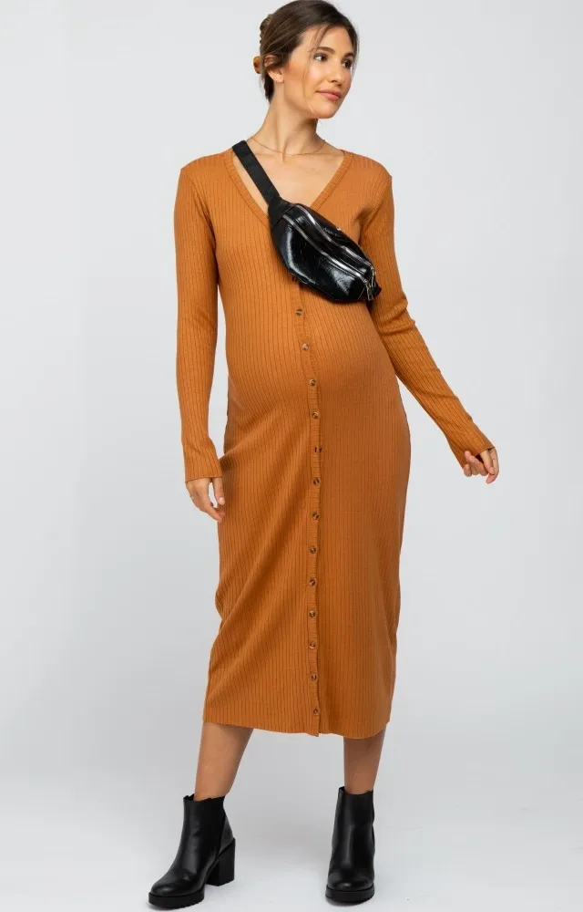 Rust Ribbed Button Midi Cardigan Maternity Dress