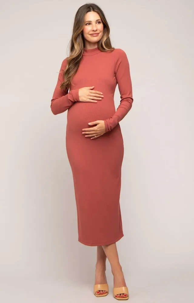 Rust Ribbed Mock Neck Maternity Midi Dress