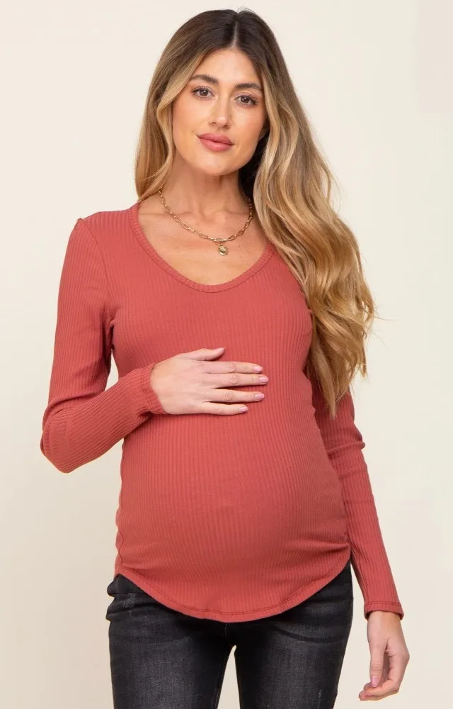 Rust Ribbed Scoop Neck Long Sleeve Maternity Top