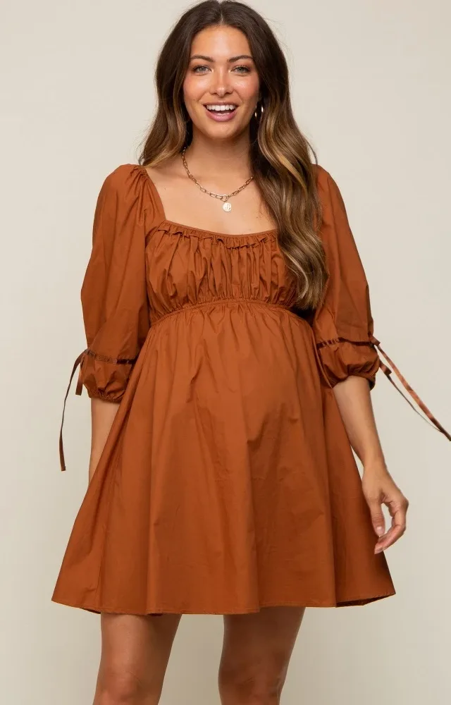 Rust Ruched Puff Sleeve Maternity Dress