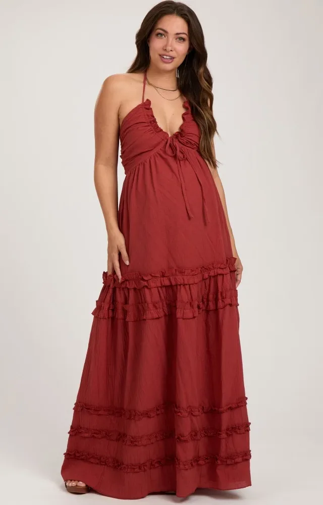 Rust Ruffle Ruched Deep V-Neck Maternity Maxi Dress