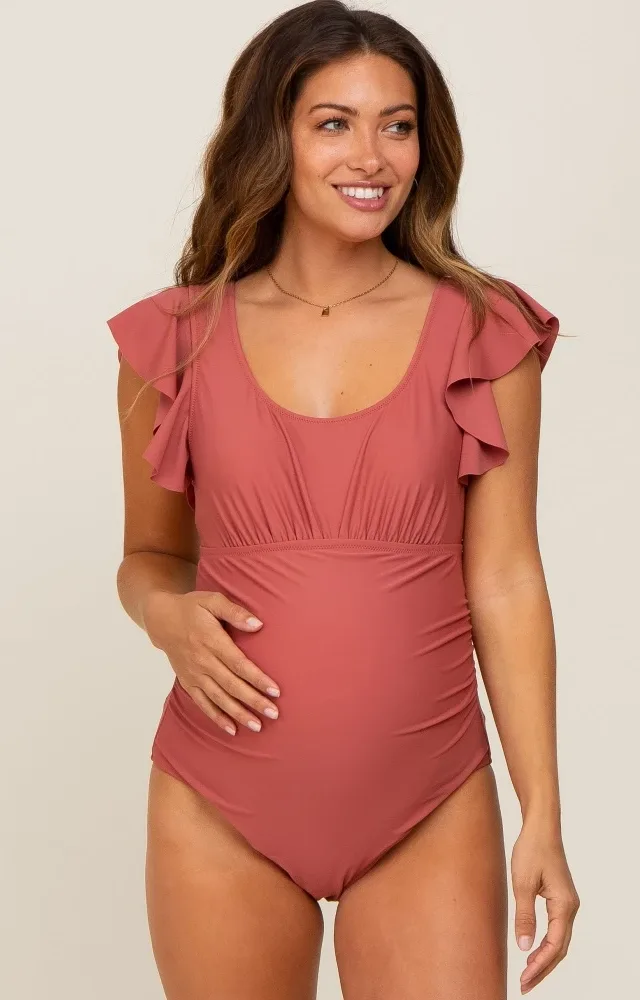 Rust Ruffle Shoulder Pleated Side Maternity One Piece Swimsuit