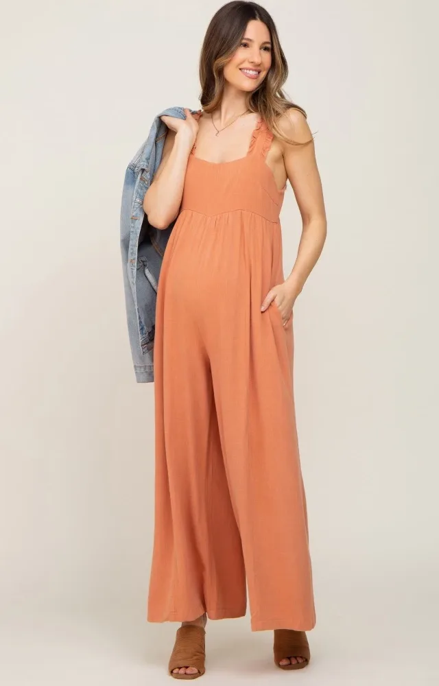 Rust Ruffle Trim Back Tie Maternity Jumpsuit