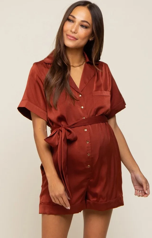 Rust Satin Button Down Maternity Romper