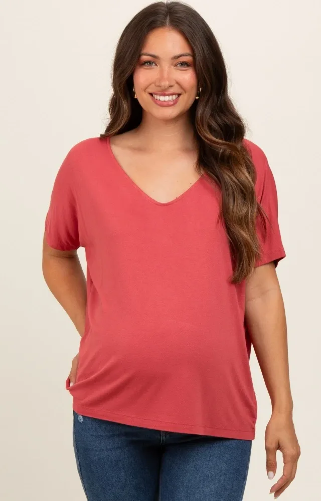 Rust Short Dolman Sleeve V-Neck Maternity Top