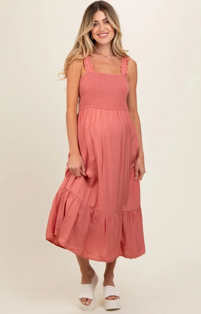 Rust Smocked Bodice Maternity Maxi Dress