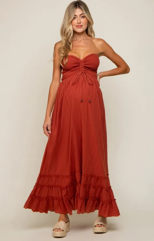 Rust Smocked Cutout Back Maternity Maxi Dress