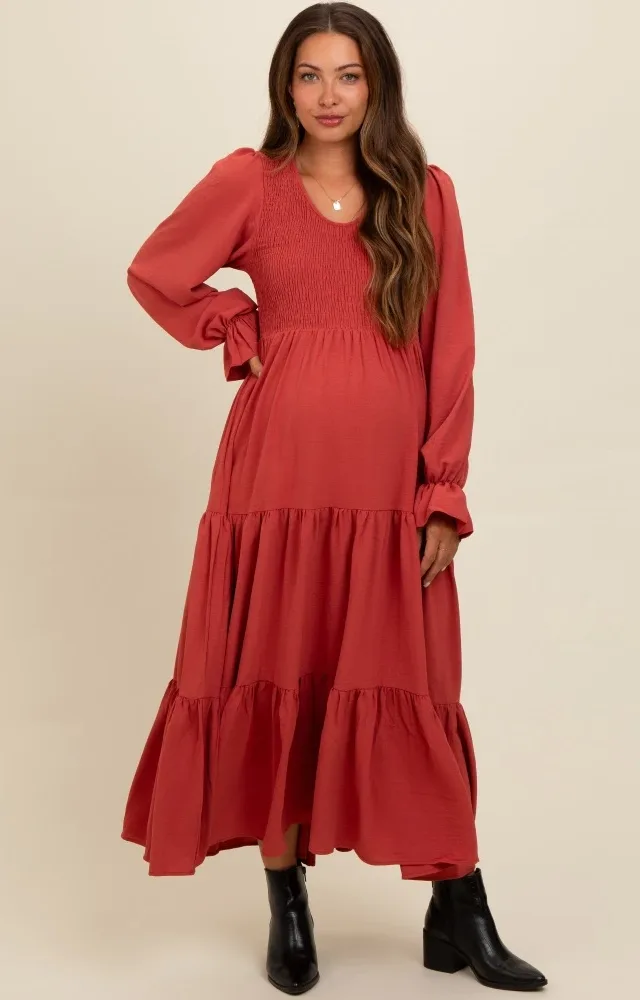 Rust Smocked Tiered Long Sleeve Maternity Maxi Dress