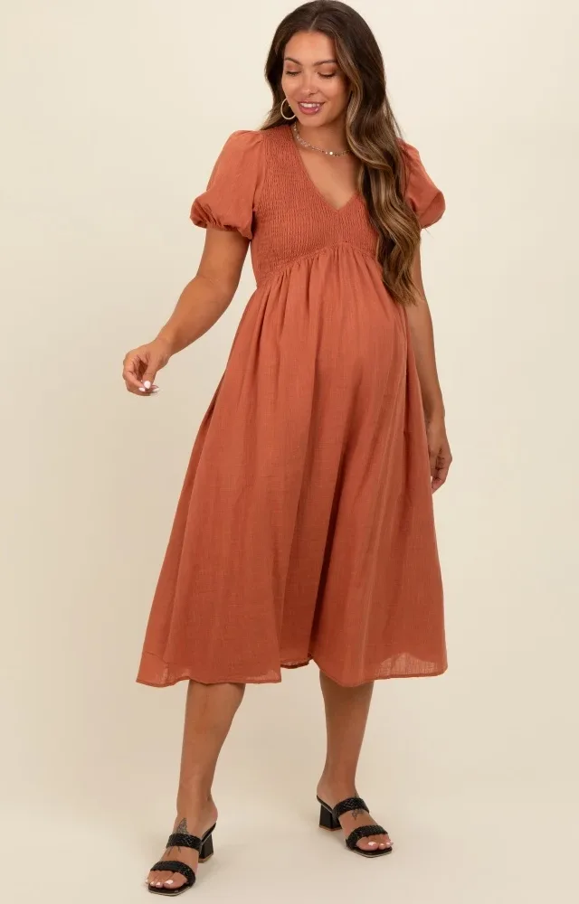 Rust Smocked V-Neck Puff Sleeve Maternity Midi Dress