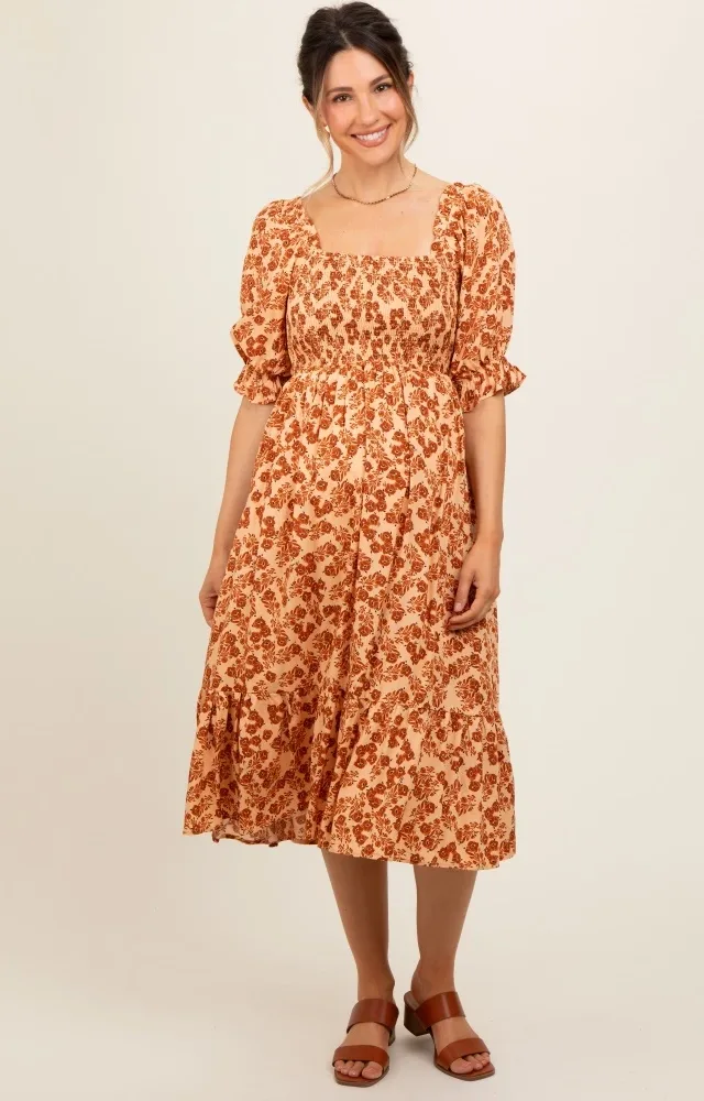 Rust Square Neck Smocked Maternity Dress