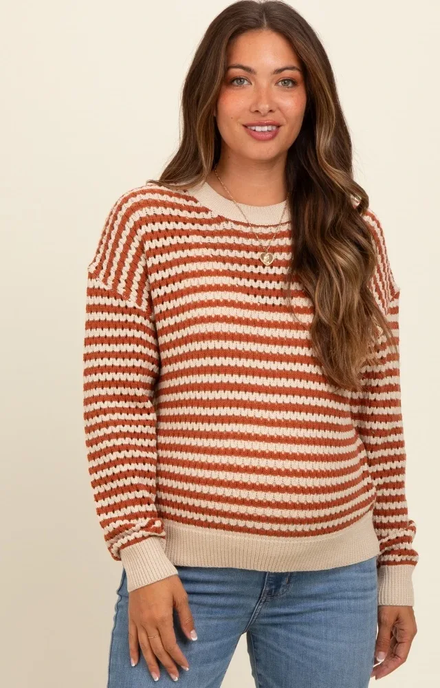 Rust Striped Crochet Knit Maternity Sweater