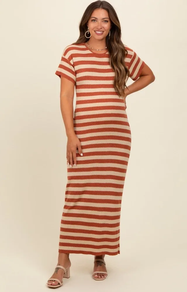 Rust Striped Knit Maternity Midi Dress