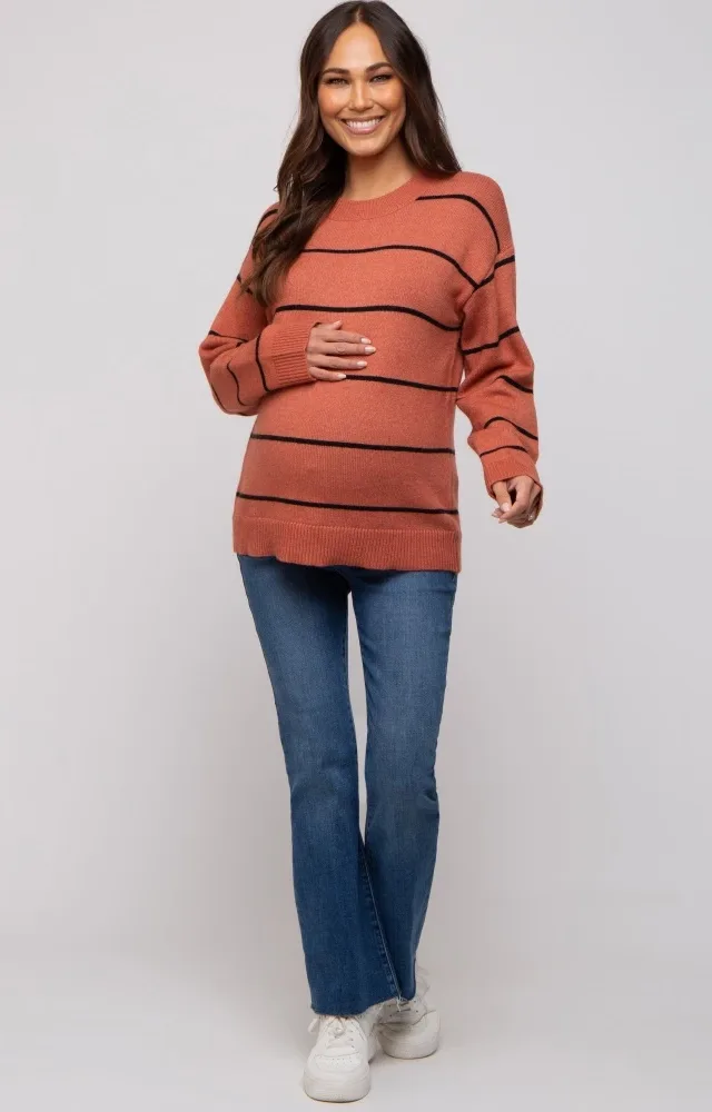 Rust Striped Mock Neck Maternity Sweater