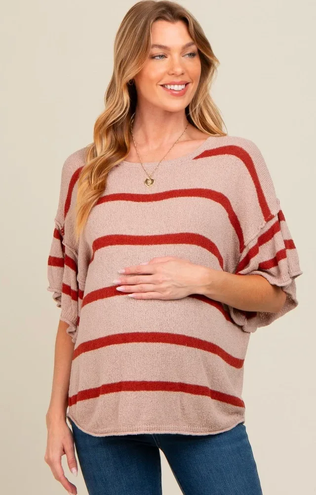 Rust Striped Ruffle Sleeve Knit Maternity Top