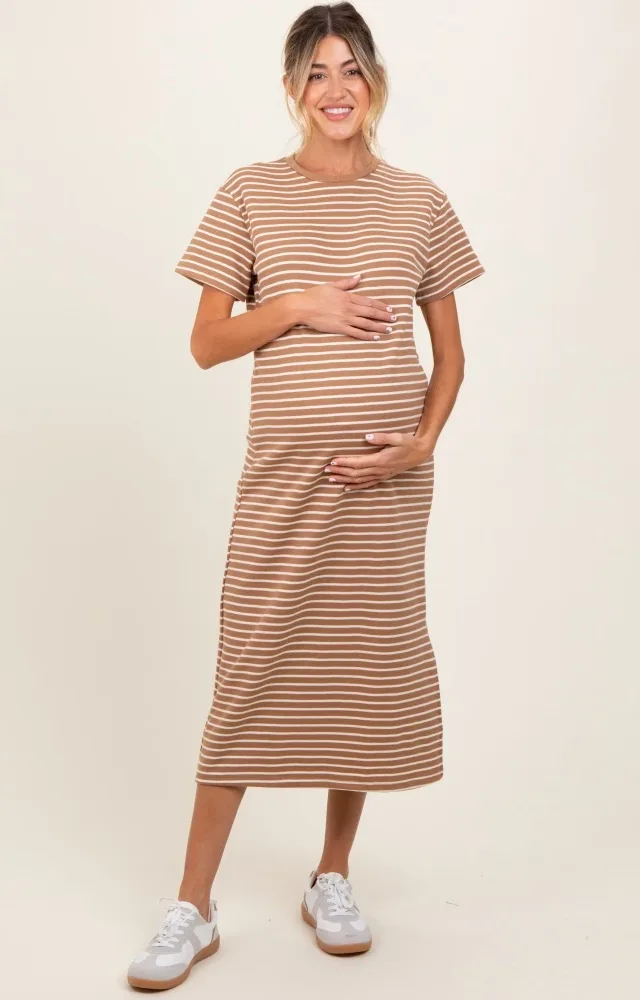 Rust Striped Short Sleeve Side Slit Maternity T-Shirt Midi Dress