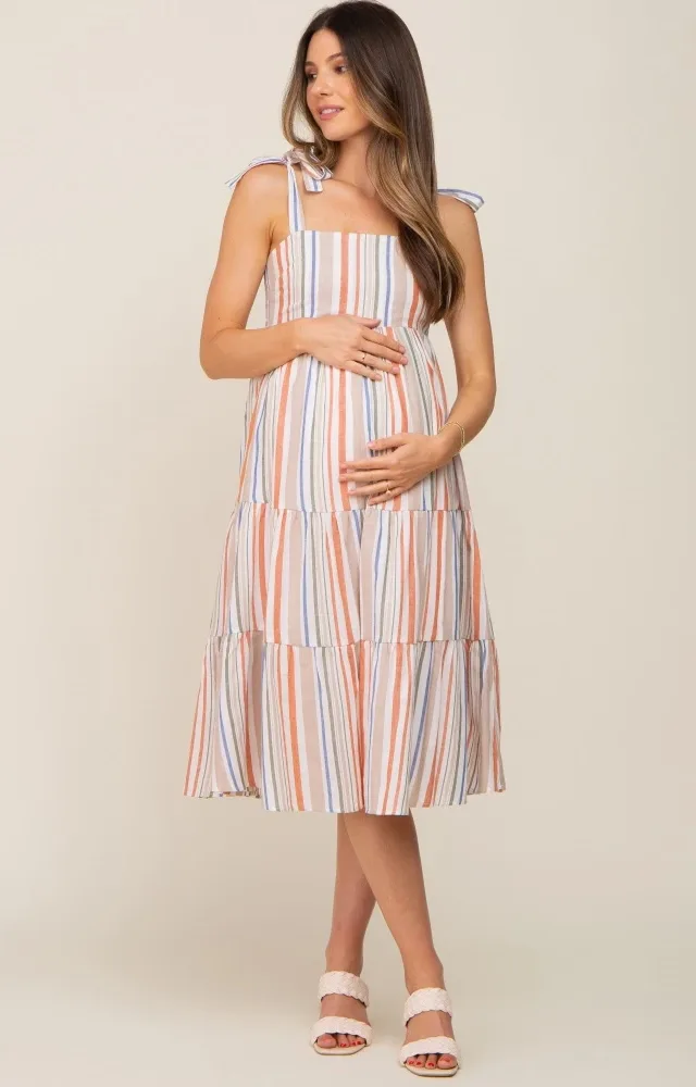 Rust Striped Shoulder Tie Tiered Maternity Midi Dress