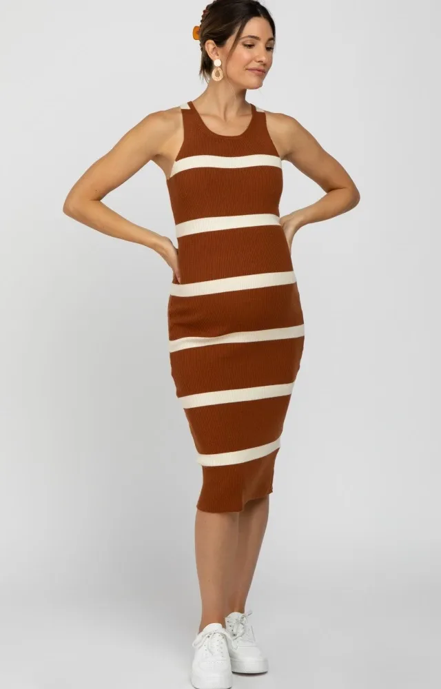 Rust Striped Sleeveless Sweater Maternity Dress