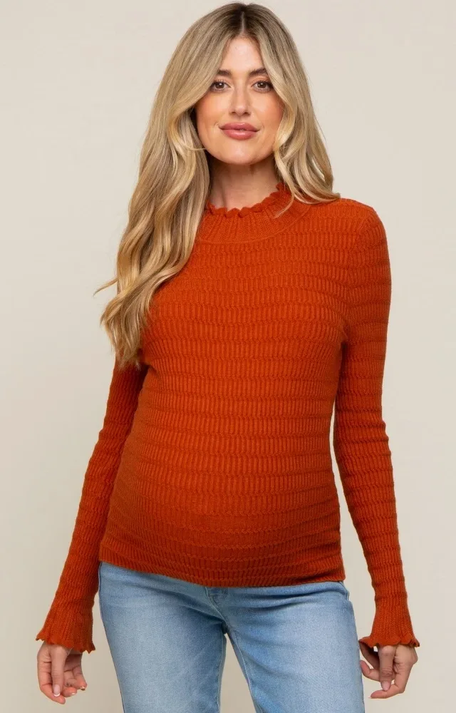 Rust Textured Knit Ruffle Mock Neck Maternity Top