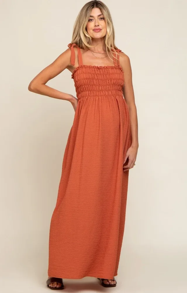 Rust Textured Smocked Shoulder Tie Maternity Maxi Dress