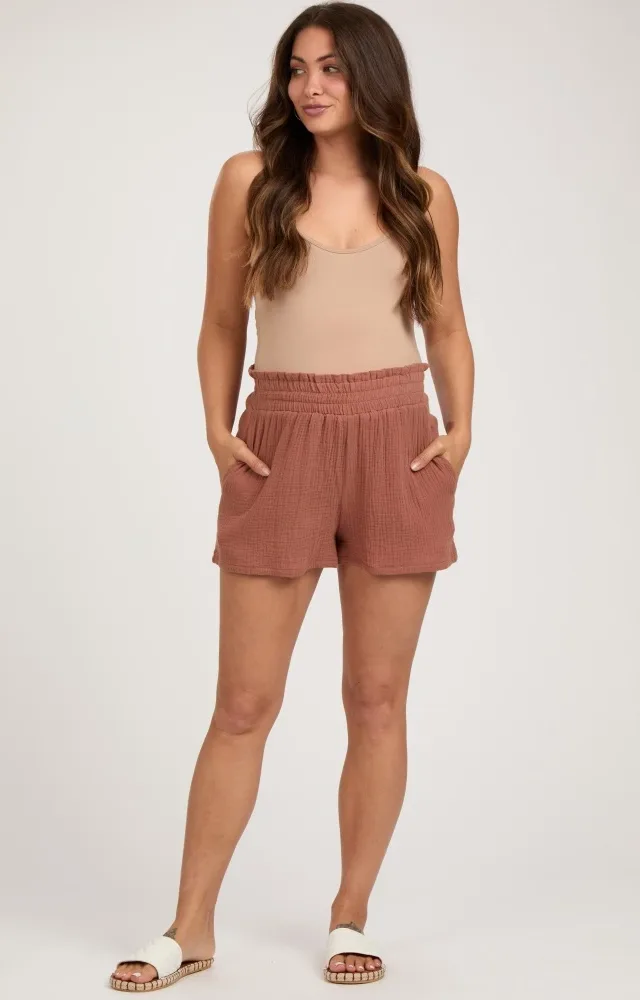 Rust Textured Smocked Waist Maternity Shorts