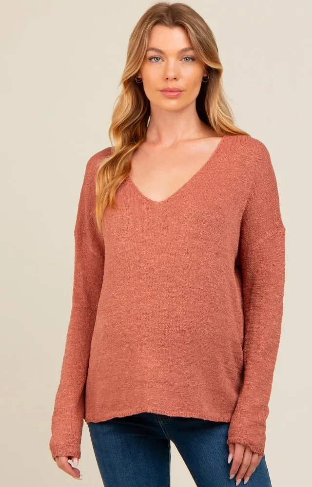 Rust V-Neck Basic Maternity Sweater