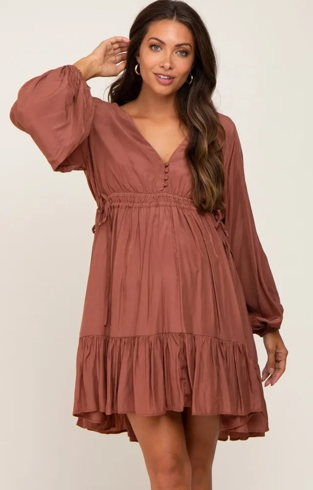 Rust V-Neck Cinched Maternity Dress