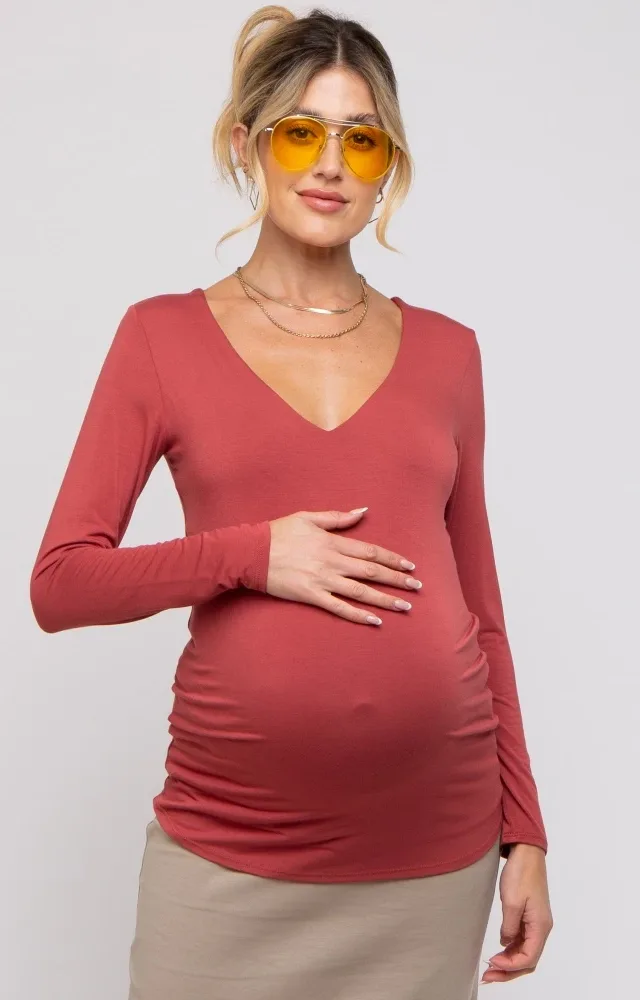 Rust V-Neck Long Sleeve Maternity Top