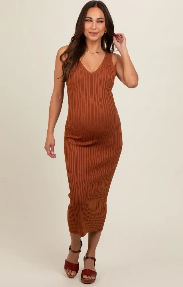 Rust V Neck Sleeveless Knit Maternity Midi Dress