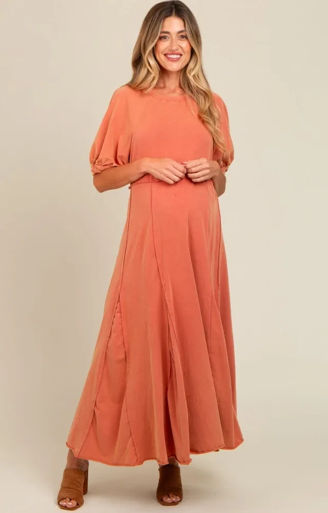 Rust Vintage Wash Puff Sleeve Maternity Maxi Dress