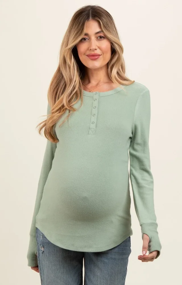 Sage Button Front Soft Knit Long Sleeve Henley Maternity Top