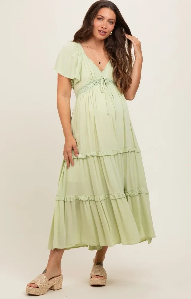 Sage Crochet Lace Tiered Ruffle Maternity Maxi Dress