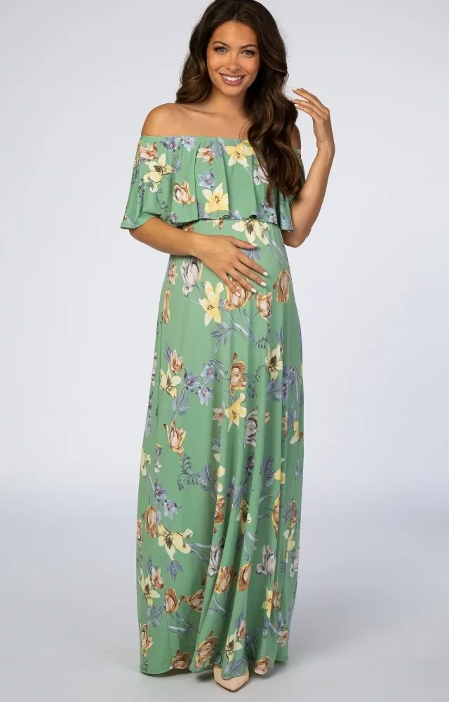 Sage Floral Off Shoulder Maternity Dress