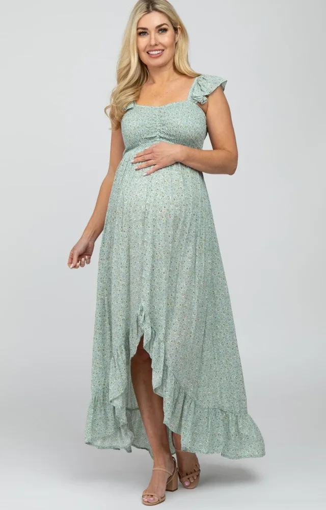 Sage Floral Smocked Hi-Low Maternity Maxi Dress