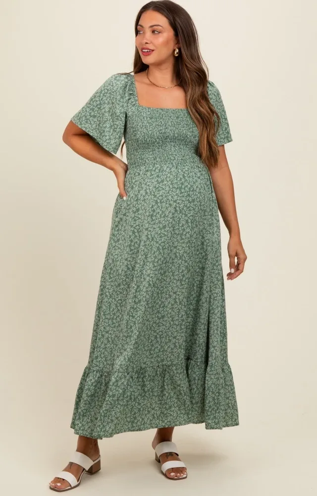 Sage Flowy Ditsy Floral Smocked Maternity Midi Dress