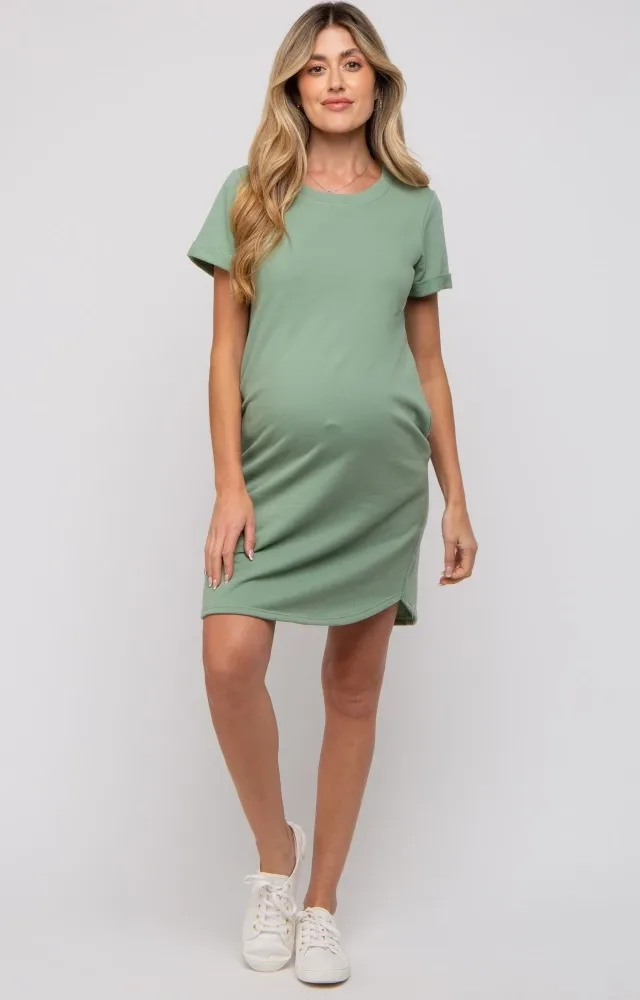 Sage French Terry Cuffed Short Sleeve Maternity Dress