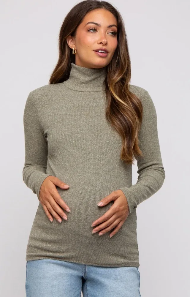 Sage Heathered Ribbed Mock Neck Long Sleeve Maternity Top