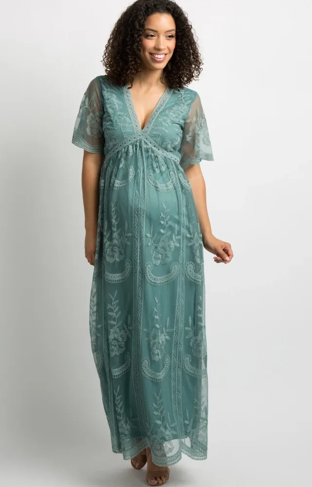 Sage Lace Mesh Overlay Maternity Maxi Dress