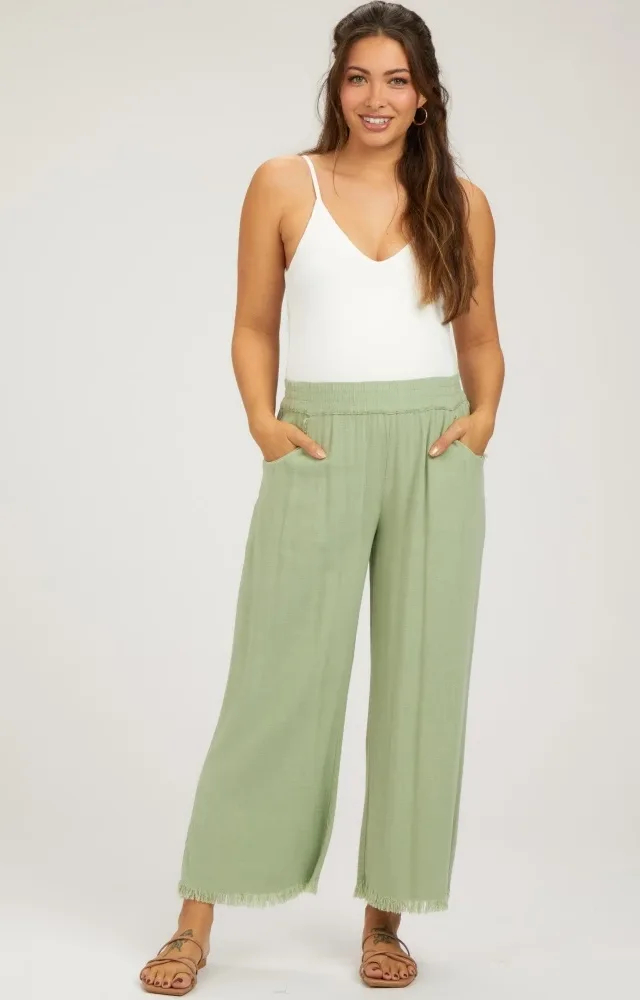 Sage Linen Frayed Hem Crop Maternity Pants