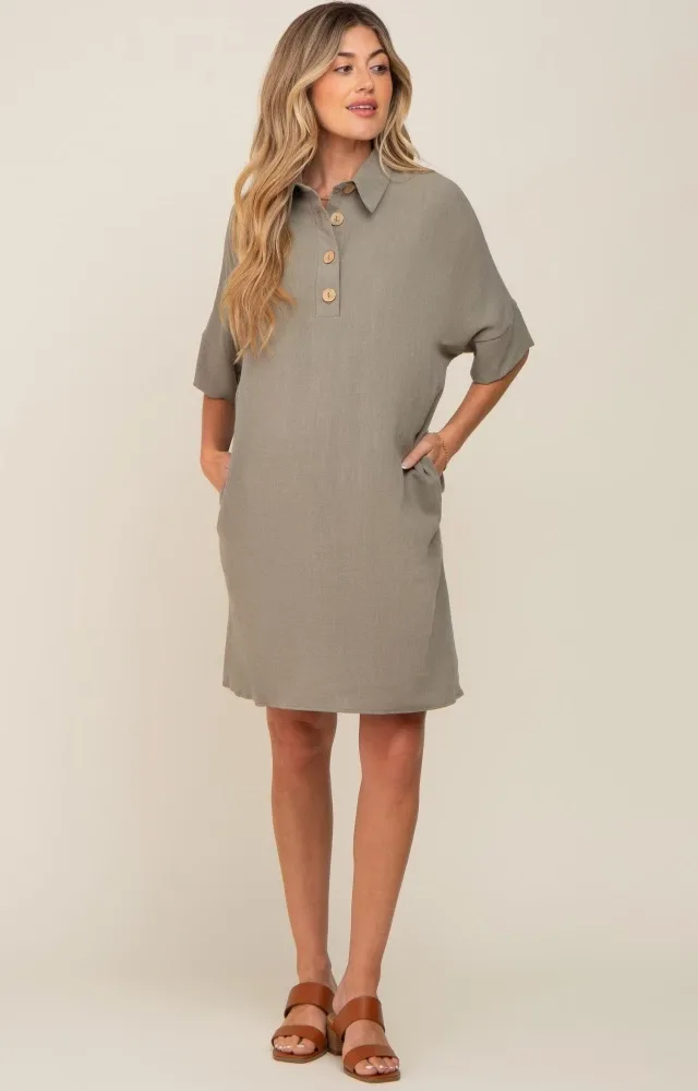 Sage Linen Front Button Collared Maternity Dress